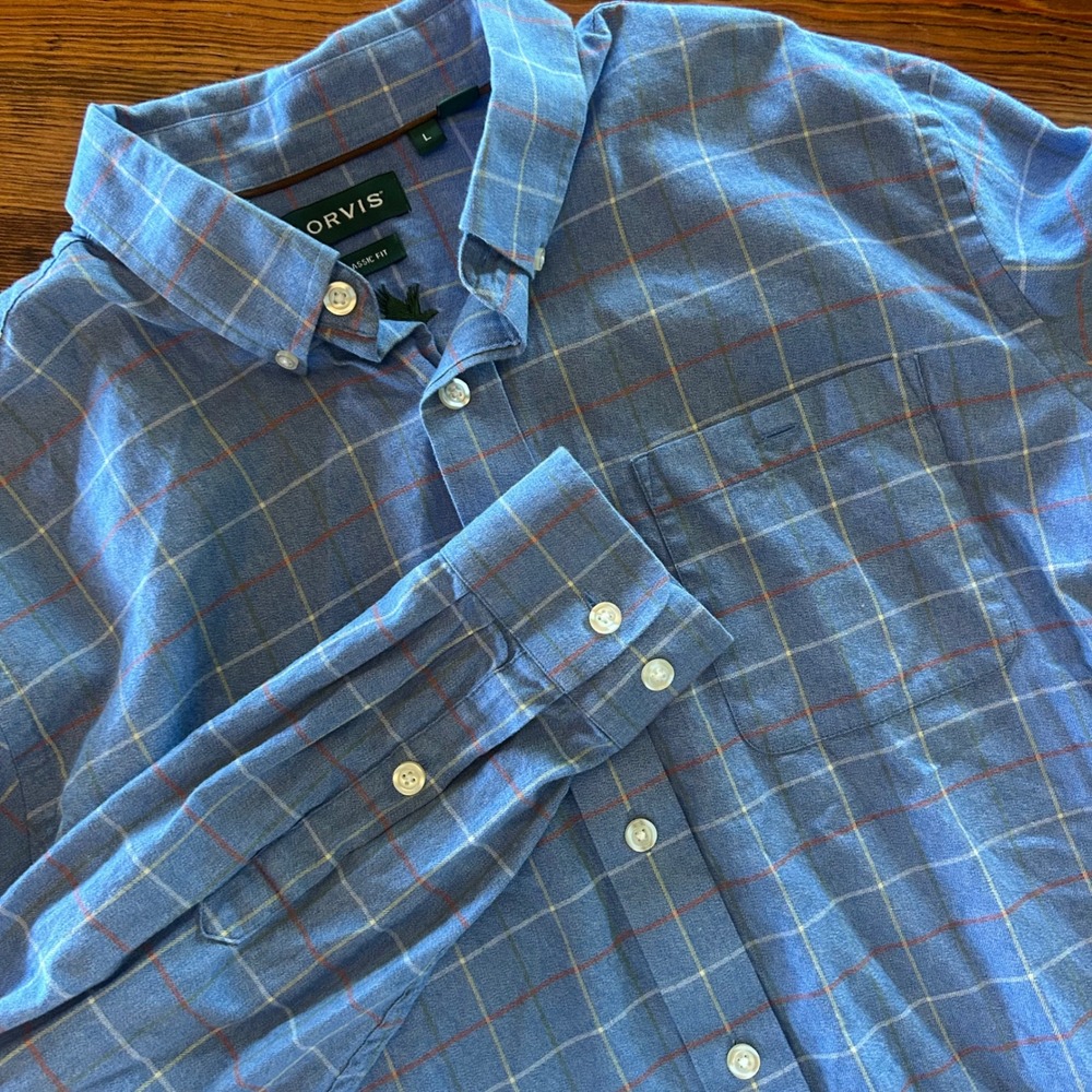 Men's ORVIS Blue Plaid Button Down Shirt Large